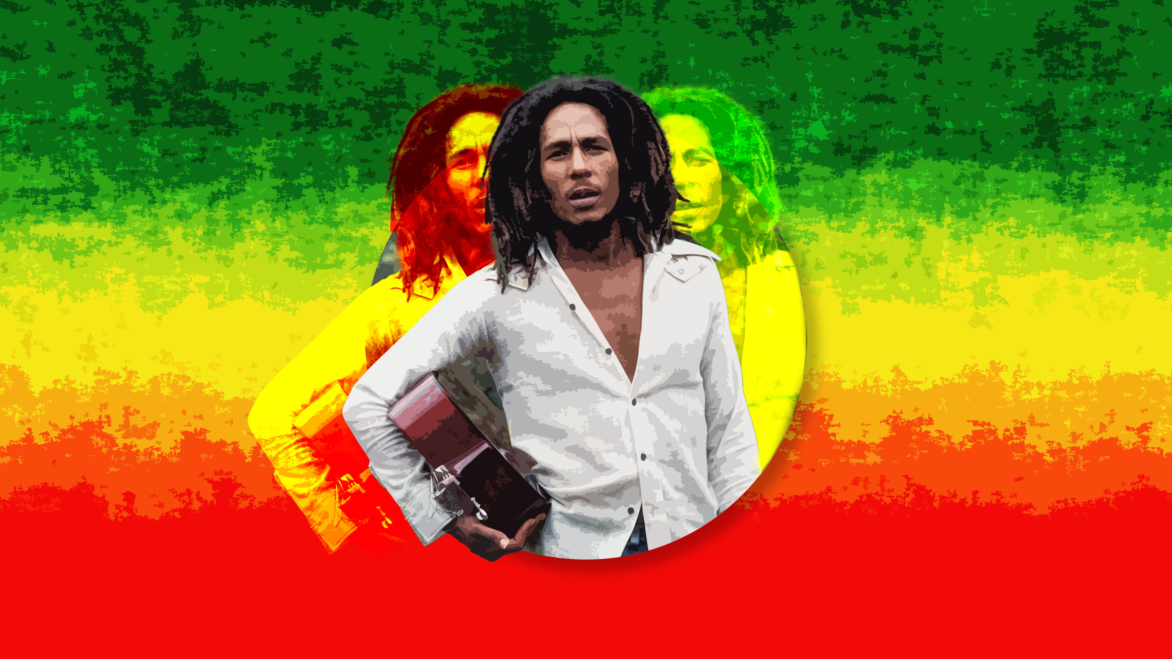 Bob Marley 桌布 壁紙 — Bob Marley 站著拿著吉他，背景是紅、黃、綠的鮮豔漸層，並帶有鬼魅般的疊加效果。