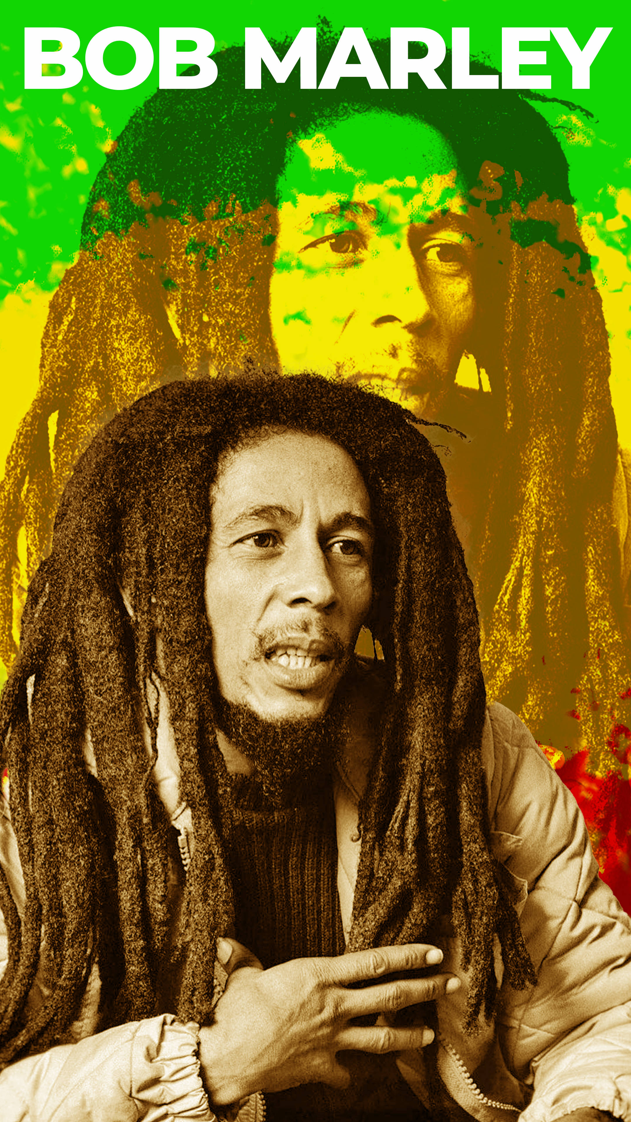 Bob Marley 桌布 壁紙 — Bob Marley 肖像，背景為充滿活力的綠黃漸變色，他的名字以粗體白色文字呈現。