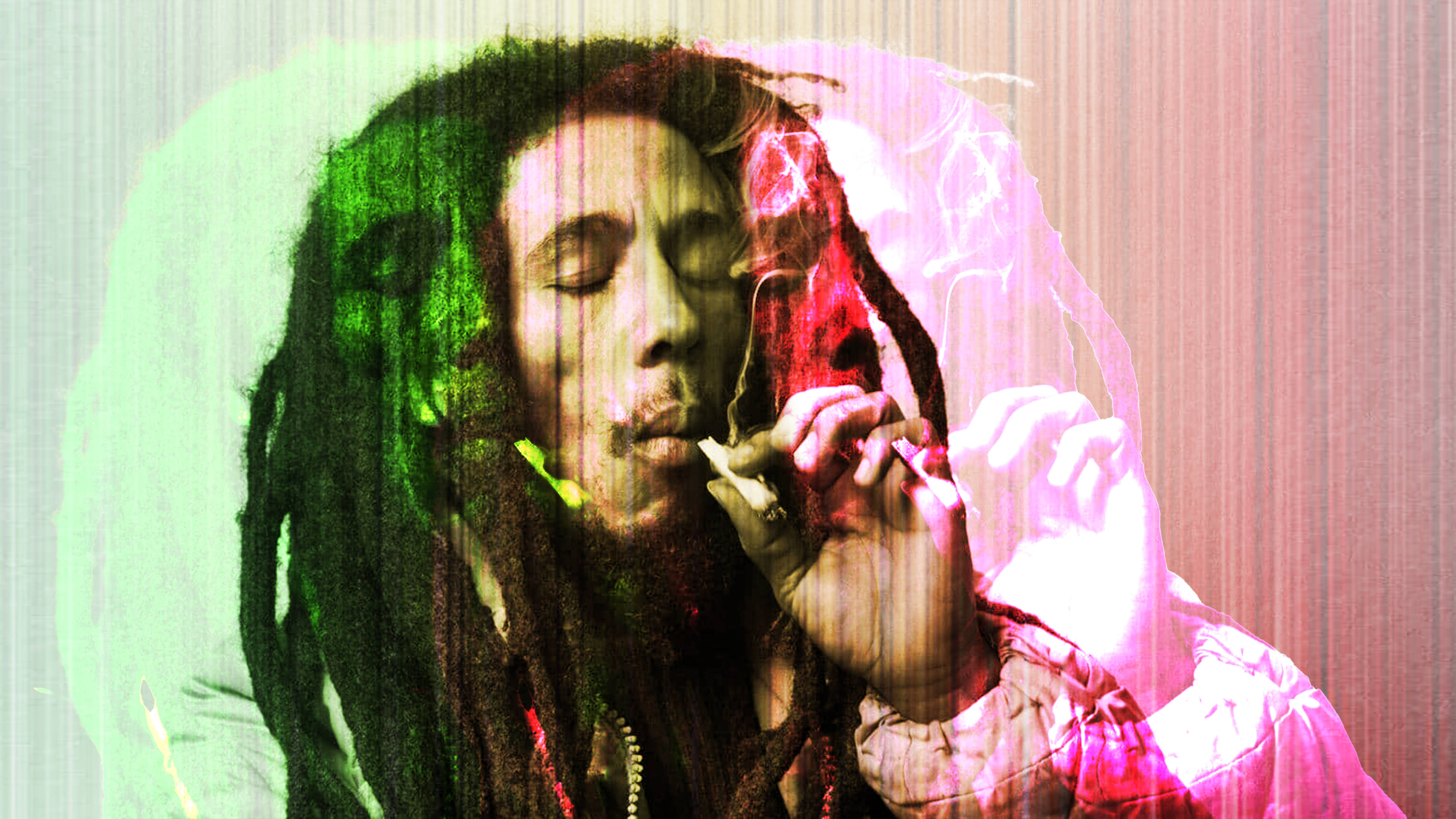 Bob Marley 桌布 壁紙 — Bob Marley 閉著眼睛在帶有故障藝術效果的綠色和粉紅色背景前抽大麻煙。
