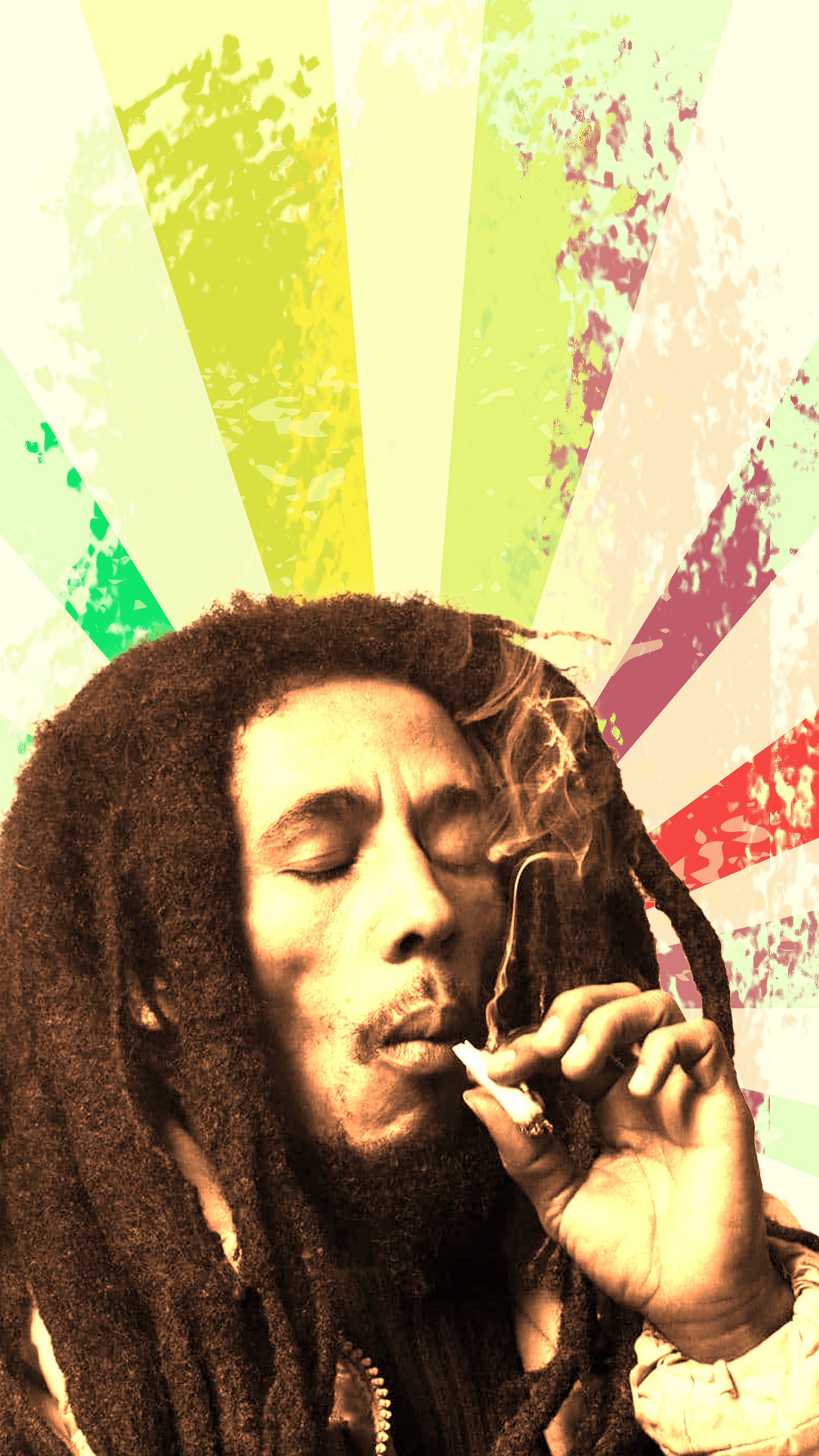 Bob Marley 桌布 壁紙 — Bob Marley 閉著眼睛抽大麻煙，背景是充滿活力的日出光芒，帶有綠色、黃色和紅色的光線。