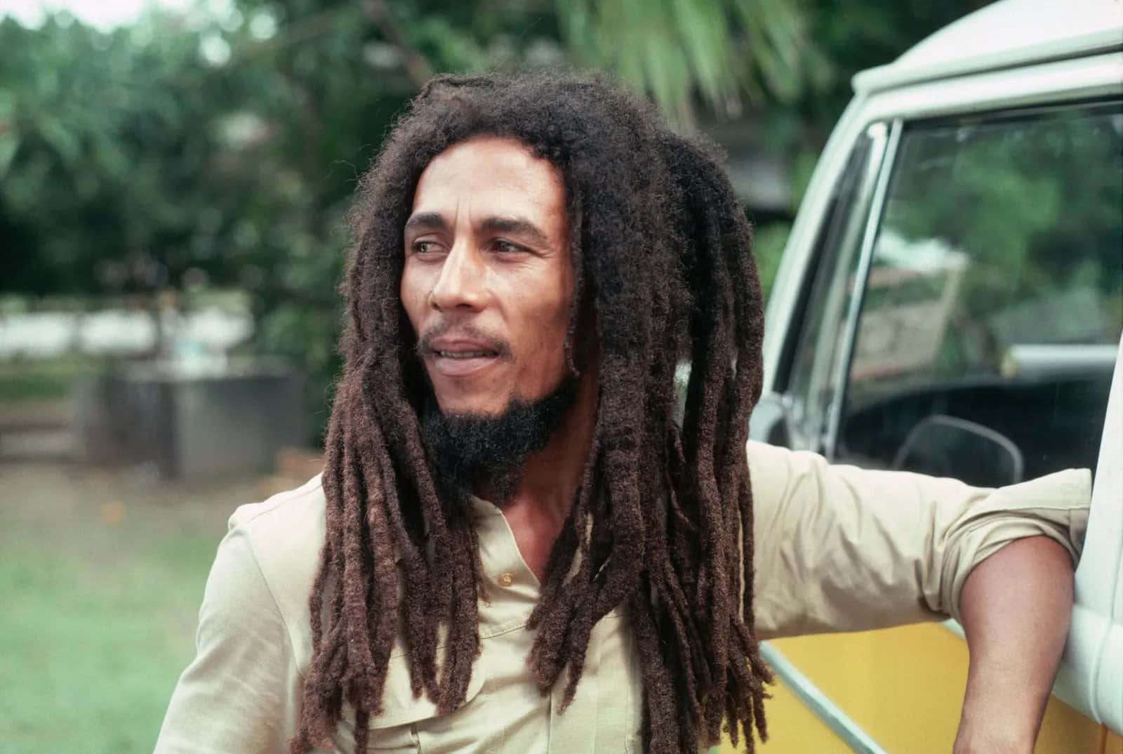 Bob Marley 桌布 壁紙 — Bob Marley 靠在一輛復古貨車上，身後是茂密的綠色樹葉，一幅坦率的戶外肖像。