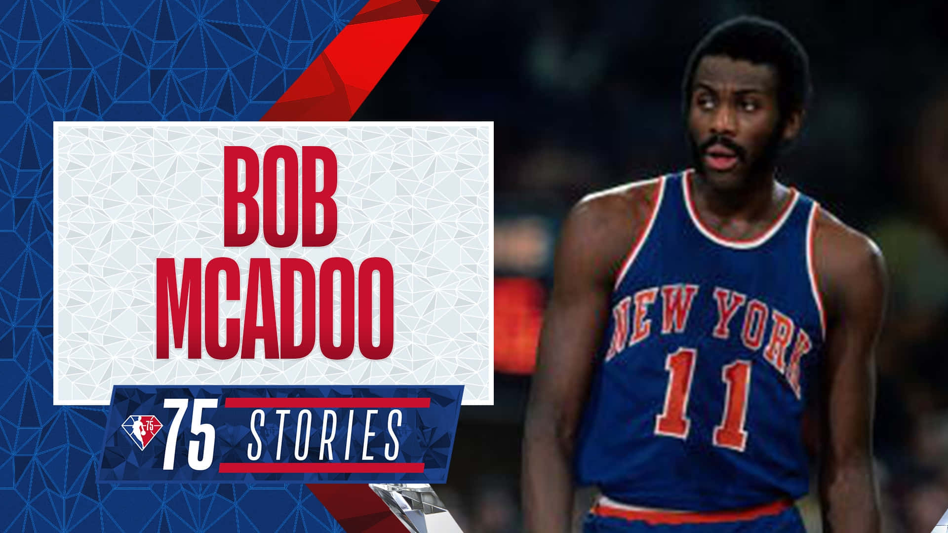 Bob McAdoo 身穿紐約尼克隊球衣，帶有 '75 Stories' 圖形背景。 — Jordan clarkson 壁紙