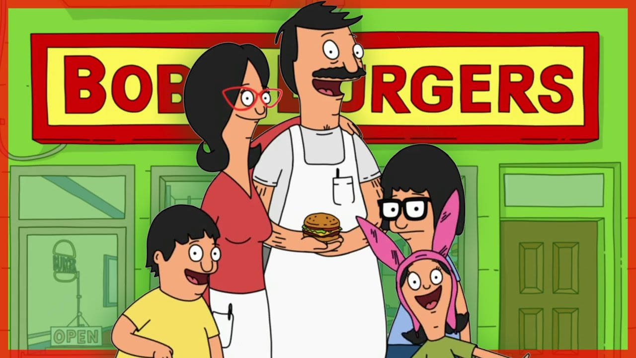 Family 桌布 壁紙 — Bob's Burgers 一家愉快地站在他們的綠色餐廳前，手持一個漢堡。