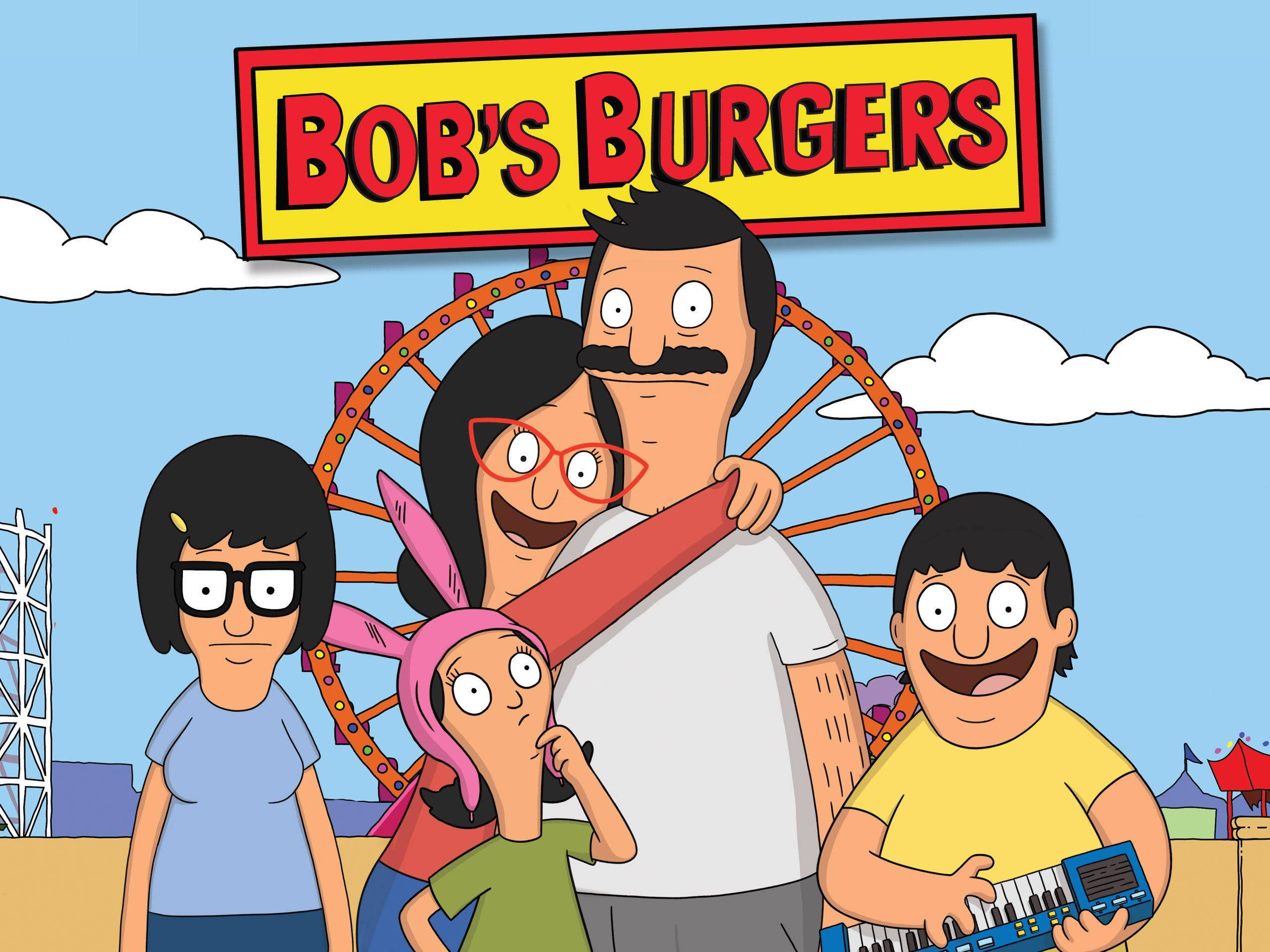 bobs burgers 桌布 壁紙 — Bob's Burgers 一家人在晴朗藍天白雲下的嘉年華摩天輪前微笑。