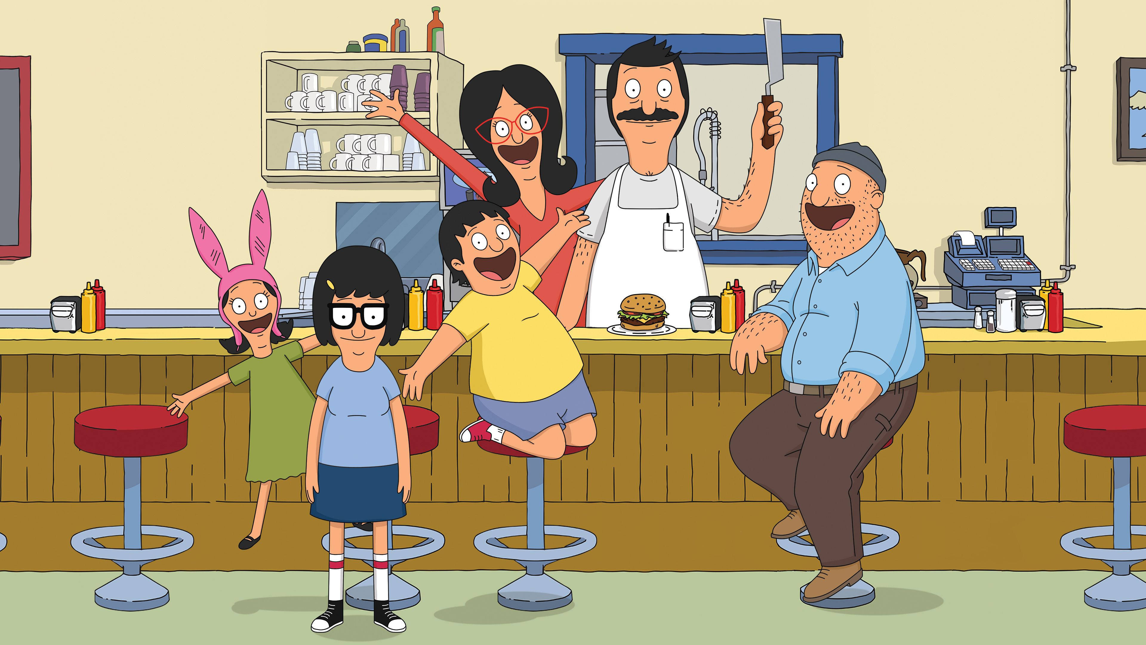 Family 桌布 壁紙 — Bob's Burgers 一家在他們繁忙的漢堡餐廳中歡樂地聚集，氣氛愉快且充滿卡通風格。