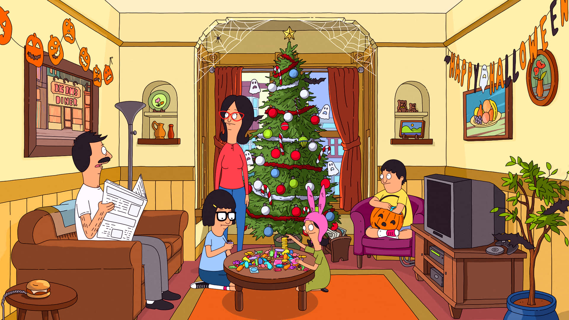 bob's burgers 桌布 壁紙 — Bob's Burgers 一家聚集在一個溫暖明亮的客廳裡，客廳裝飾著萬聖節和聖誕節的節日燈飾和聖誕樹。