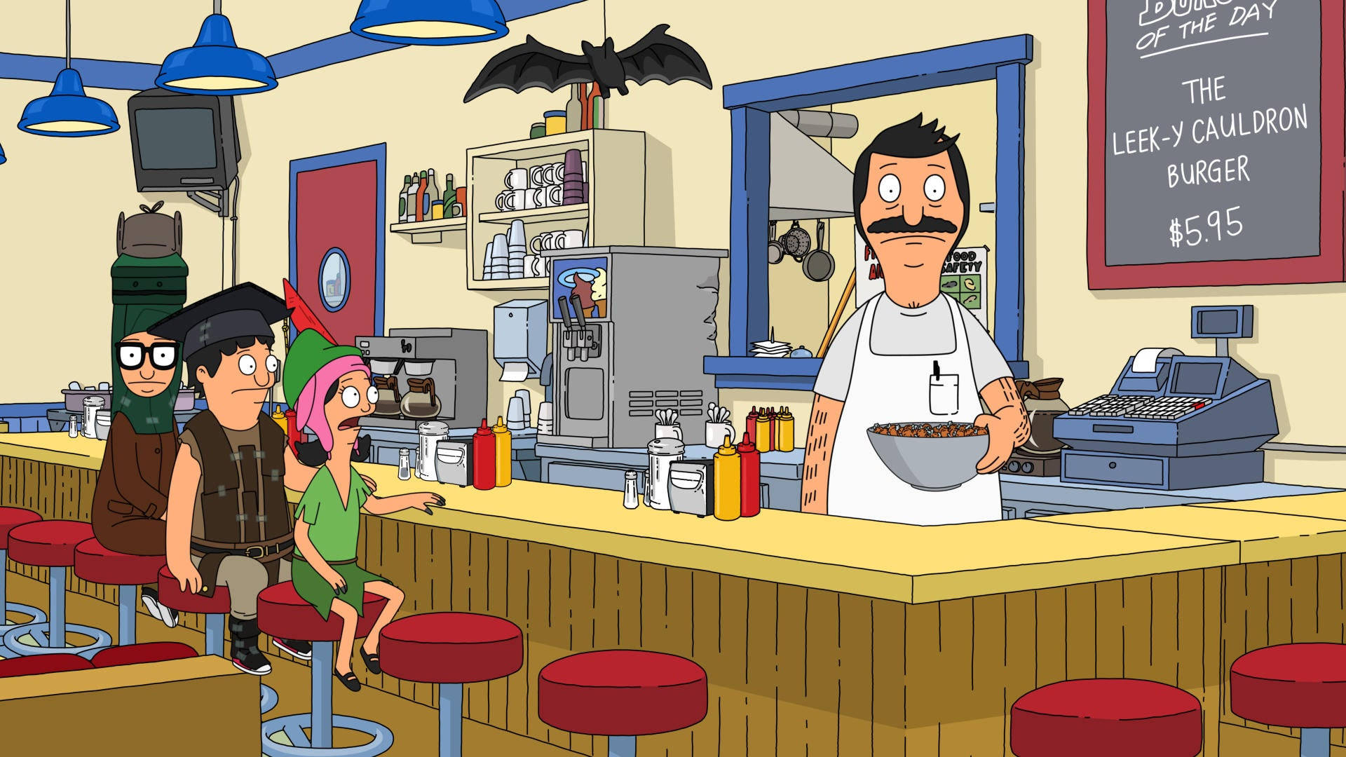 小孩動圖 桌布 壁紙 — Bob's Burgers 卡通場景，角色們在一個復古餐廳櫃檯前，配有紅色凳子和藍色吊燈。