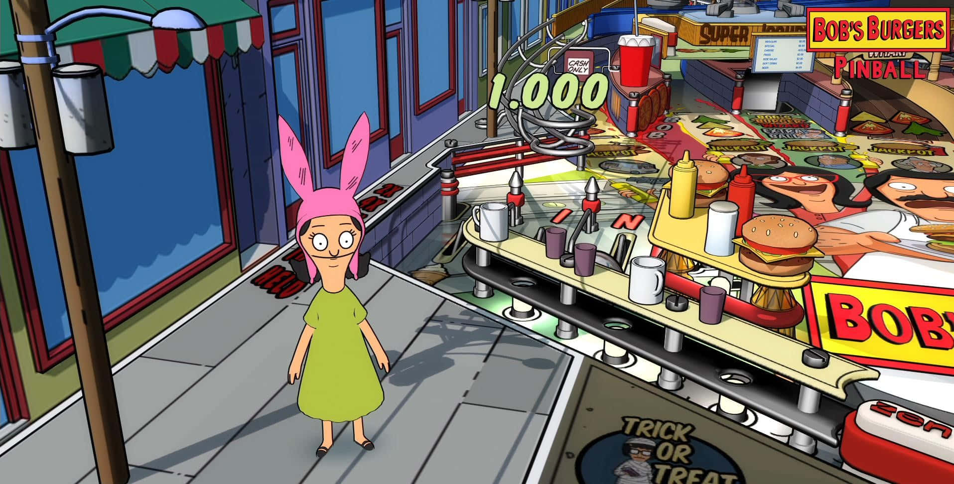 bob's burgers 桌布 壁紙 — Bob's Burgers 的 Bobbie 站在一個以漢堡和卡通人物為主題的巨大彈球機旁，在色彩繽紛的遊戲廳中。
