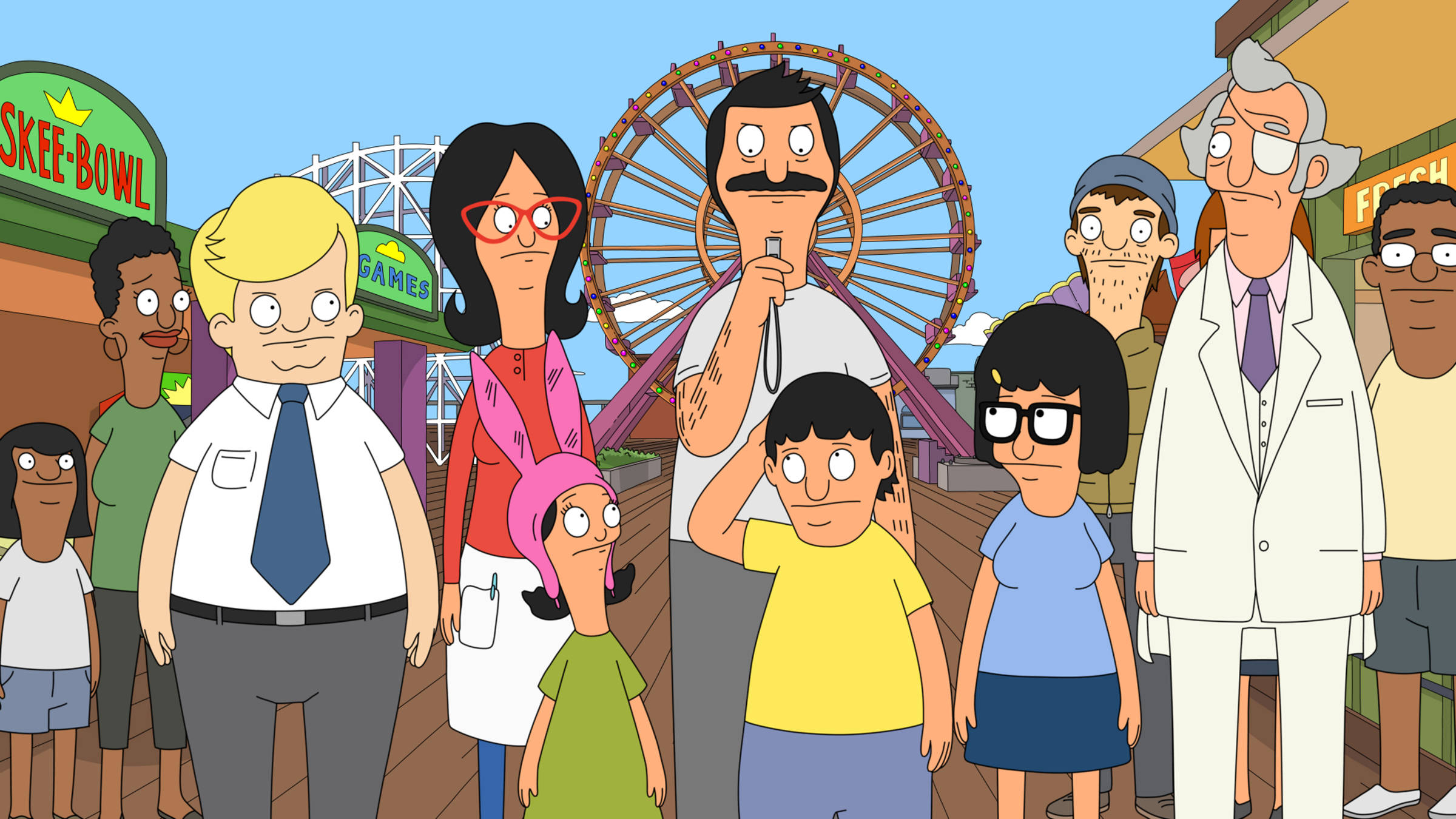 家庭 桌布 壁紙 — Bob's Burgers 的家人和朋友一起站在一個有巨型摩天輪的遊樂園背景前。