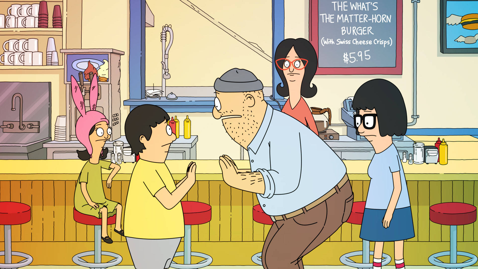 Family 桌布 壁紙 — Bob's Burgers 角色在明亮的卡通餐廳，紅色凳子和菜單板。