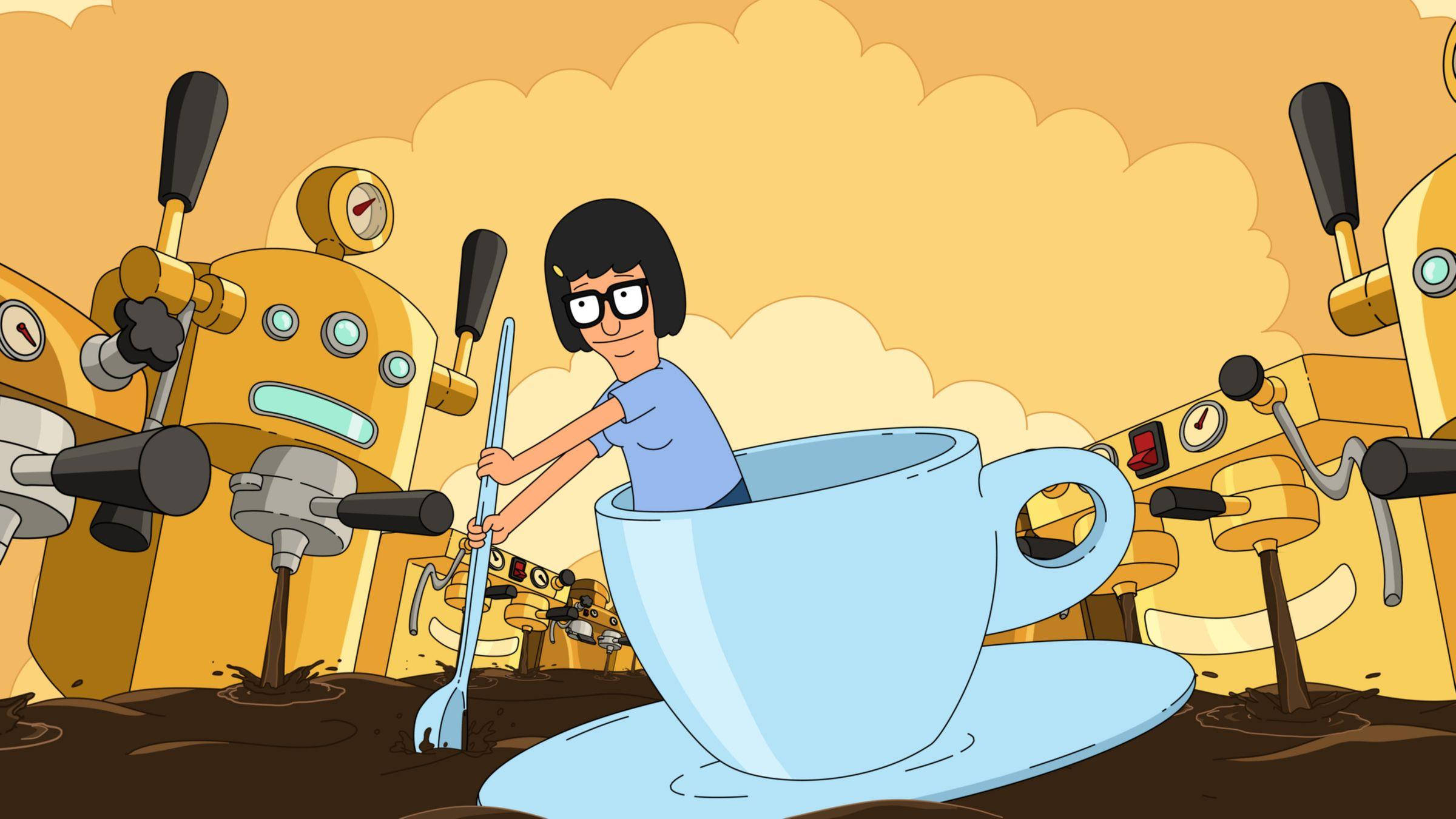 tina belcher 桌布 壁紙 — Bob's Burgers 角色坐在一個巨大的咖啡杯中，在卡通風格的咖啡館場景中，在機械濃縮咖啡機之間揮舞著鏟子。