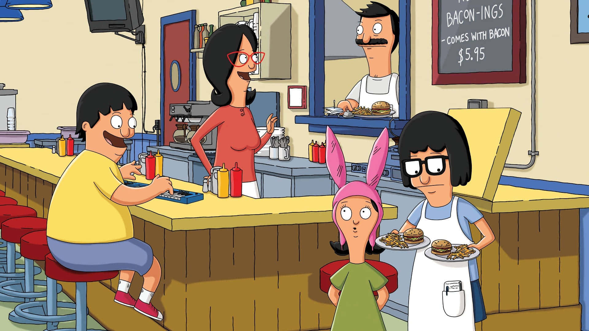 bob's burgers 桌布 壁紙 — Bob's Burgers 角色在熙熙攘攘的餐廳中，提供漢堡和培根主題菜單。