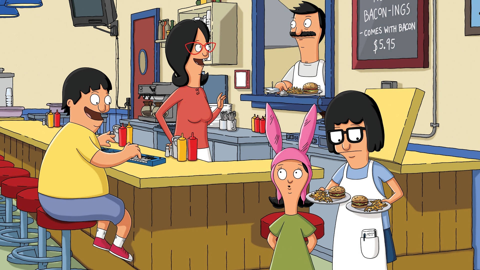 Family 桌布 壁紙 — Bob's Burgers 角色在他們的餐廳，盤子上有漢堡和培根。