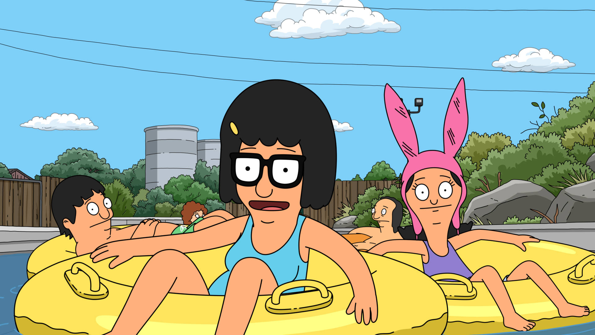 動畫 桌布 壁紙 — Bob's Burgers 角色在藍天白雲下，漂浮在懶人河的黃色浮圈上。