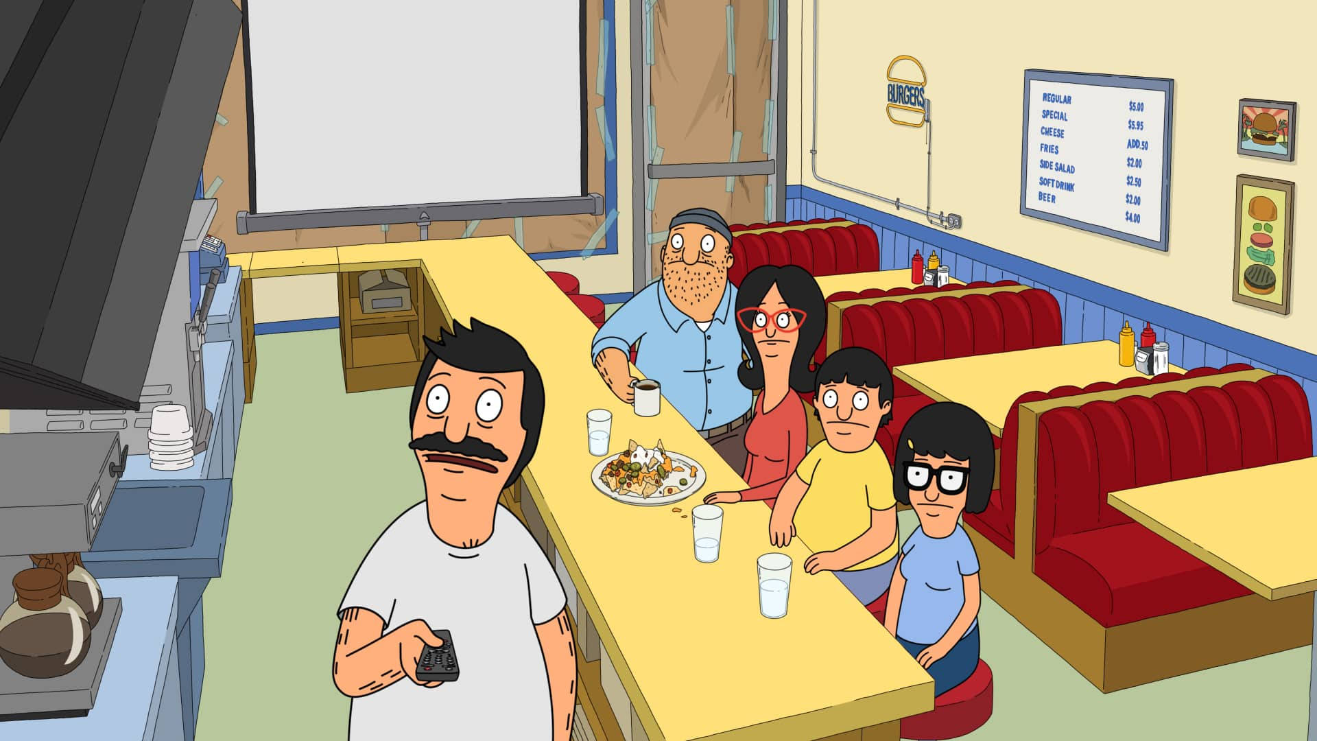 小孩動圖 桌布 壁紙 — Bob's Burgers 角色坐在餐廳櫃檯前，享用食物和飲料，Bob 手持遙控器。
