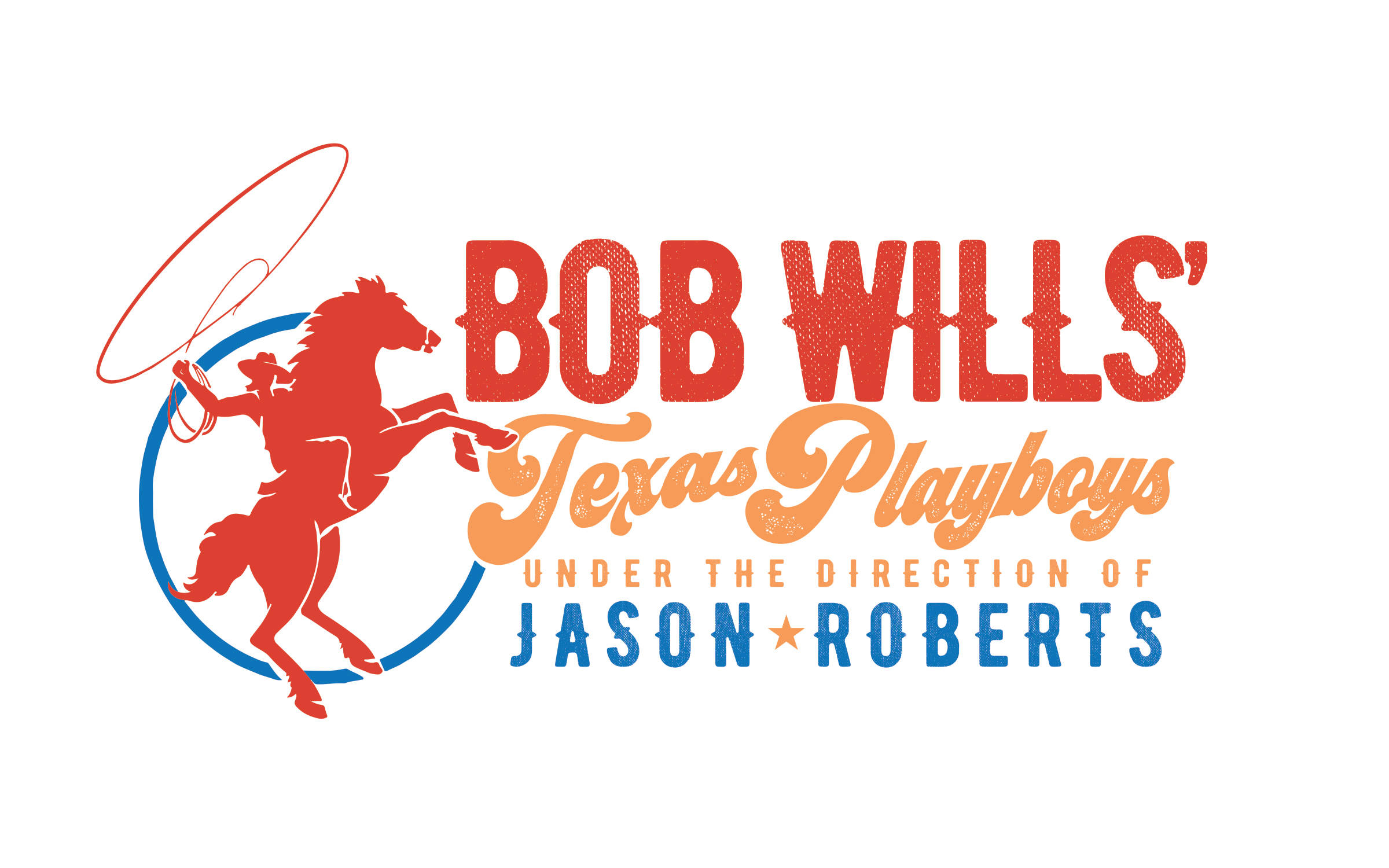 Entertainment 桌布 壁紙 — Bob Wills' Texas Playboys 的醒目紅橙藍色標誌，牛仔騎在後腿站立的馬上，手持套索。