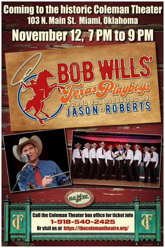 Entertainment 桌布 壁紙 — Bob Wills' Texas Playboys 在奧克拉荷馬州邁阿密科爾曼劇院舉辦音樂會的復古海報，包含樂隊照片和質樸的木質設計。