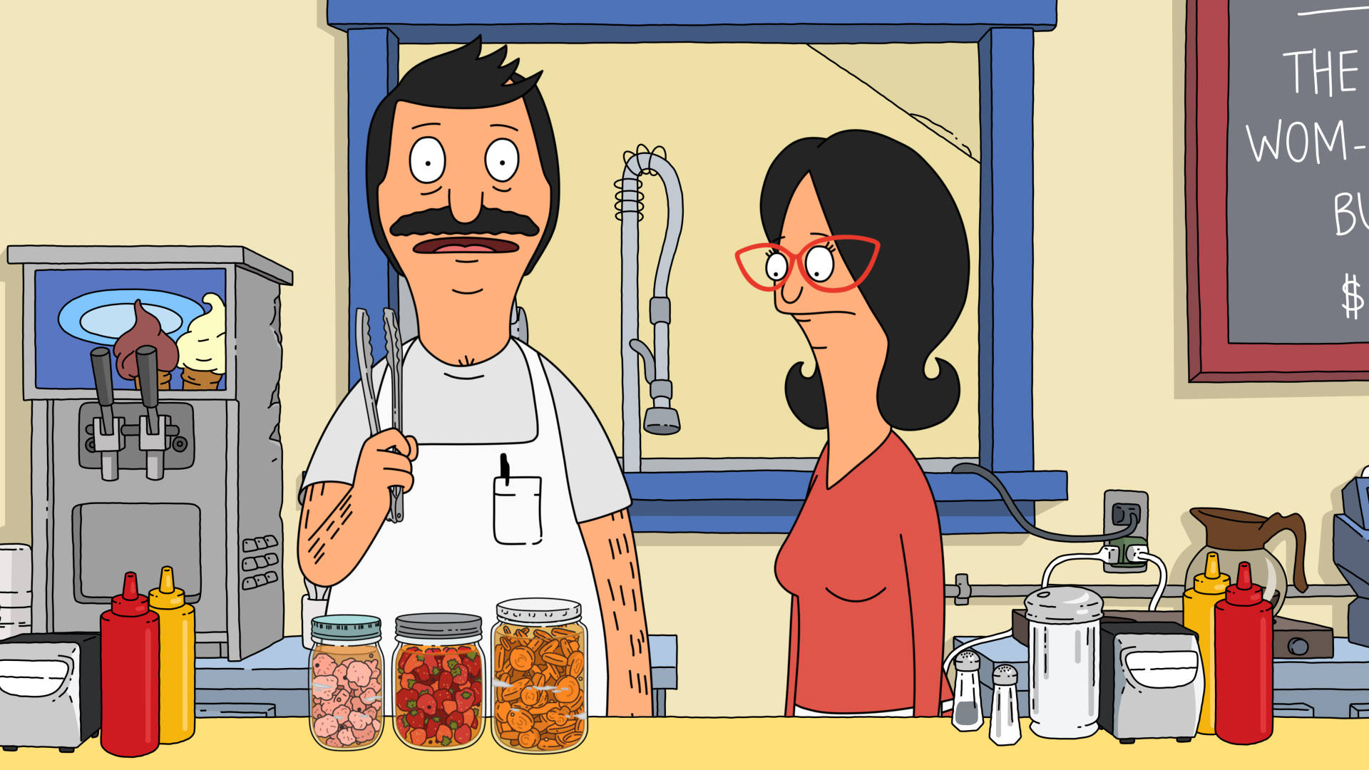 bobs burgers 桌布 壁紙 — Bob 和 Louise 站在一個卡通動畫風格的餐廳櫃檯後面，櫃檯上有調味品和汽水機。