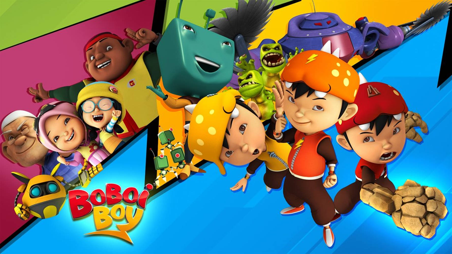 Cartoon Boy 桌布 壁紙 — BoBoiBoy 的鮮豔卡通角色在大膽的幾何背景前充滿活力地跳躍。