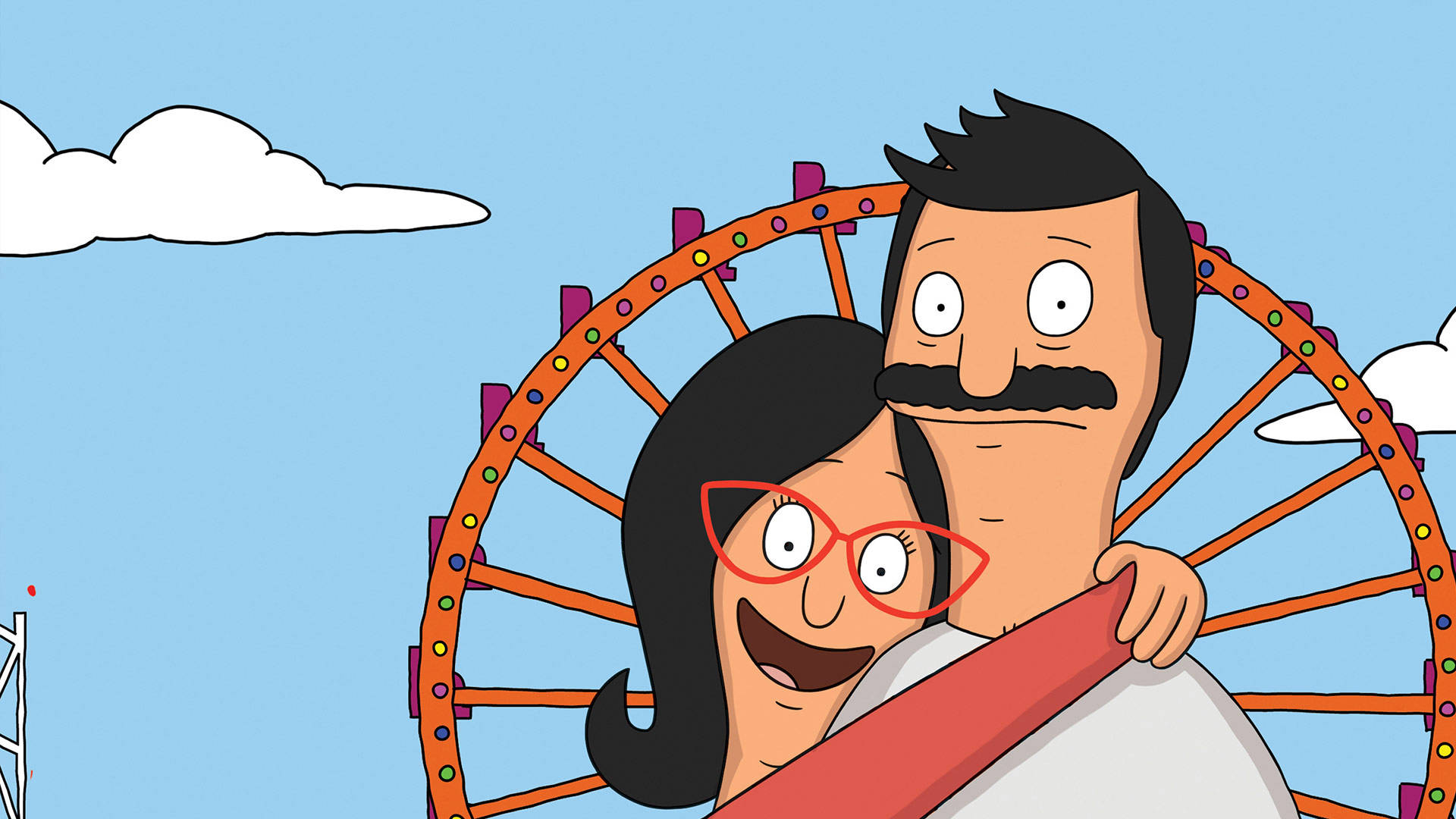 bobs burgers 桌布 壁紙 — Bob和Louise Belcher在晴朗藍天白雲下，於色彩繽紛的摩天輪前幸福地擁抱。