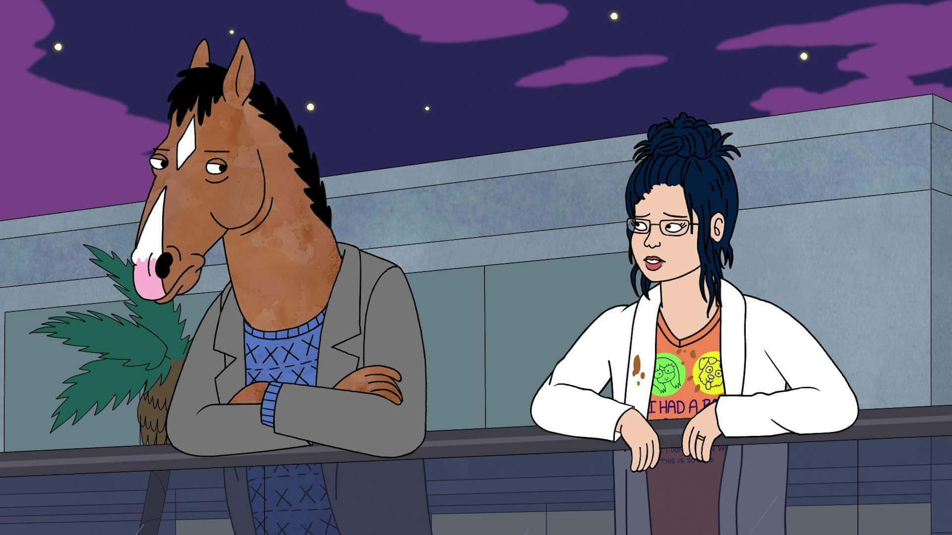 馬男波傑克 桌布 壁紙 — BoJack Horseman 和 Diane Nguyen 在夜晚站在屋頂上，在繁星點點的紫色天空下，靠在欄杆上，旁邊有一盆植物。