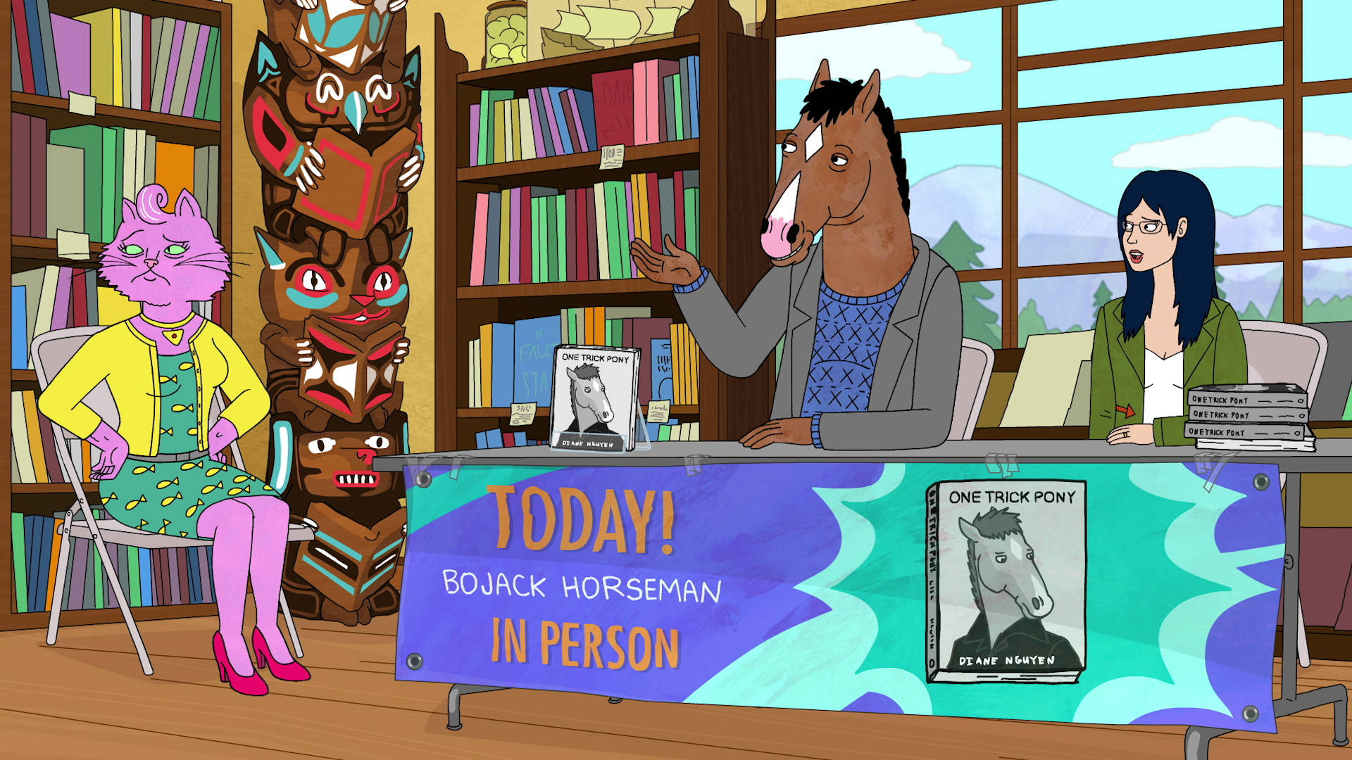 bojack 桌布 壁紙 — BoJack Horseman 在書店簽書，有一隻粉紅色的貓和一個女人看著他說話。