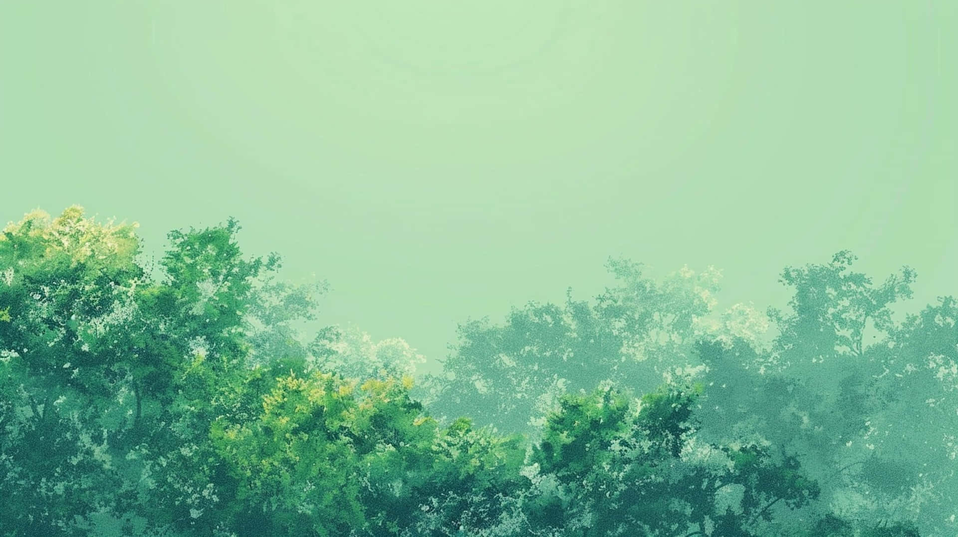  壁紙 — 薄霧籠罩的森林樹冠，呈現柔和的綠色調，斑駁的光線穿過茂密的樹葉。