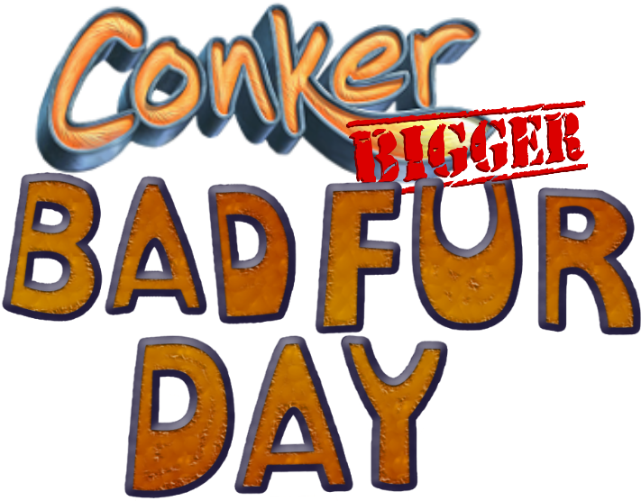 Title 桌布 壁紙 — Conker Bigger Badfur Day 的大膽3D風格遊戲標題標誌，帶有紋理橙色字母和紅色印章。