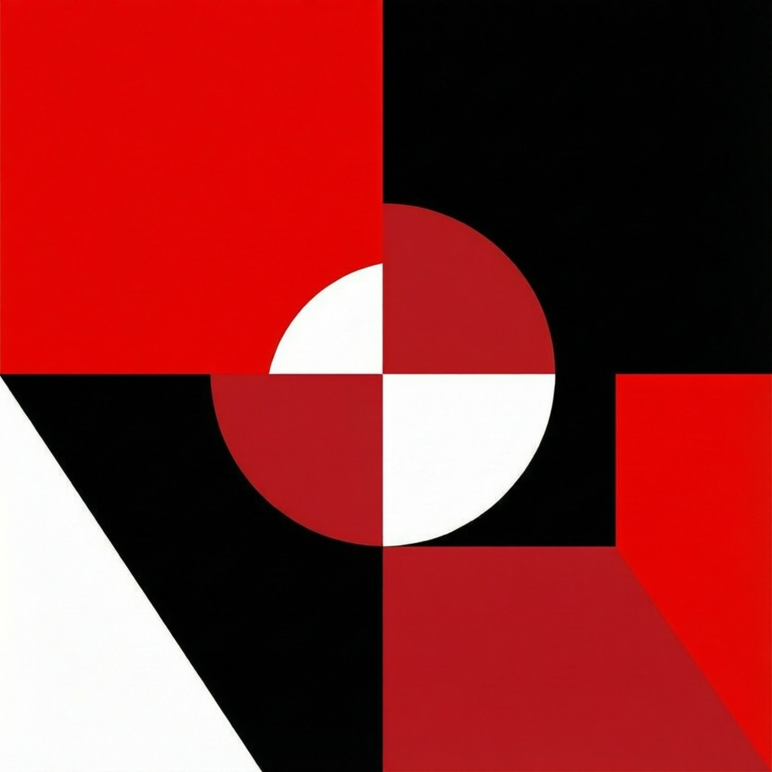 Minimalist Red Riot 壁紙 — 一個大膽的抽象構圖，由紅色、黑色和白色的幾何形狀組成，包括一個分成四個象限的中央圓形。
