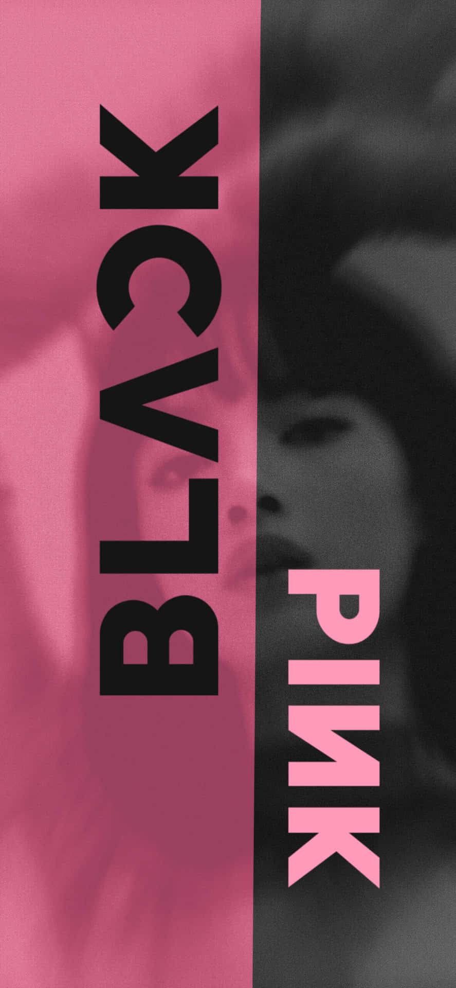 分割畫面圖形，在模糊的臉部上有粗體粉紅色和黑色文字。 — Blackpink 壁紙