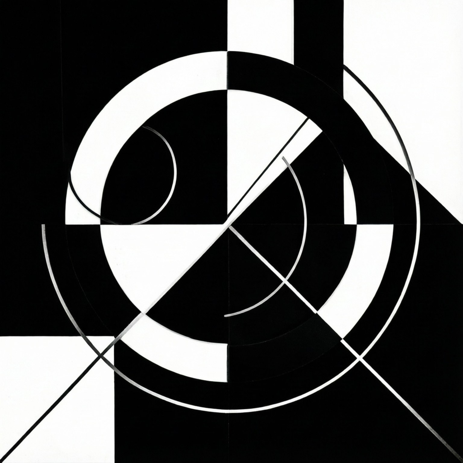 Geometric Abstraction 壁紙 — 大膽的黑白幾何抽象，交錯的圓形、正方形和對角線營造出動態的視覺張力。