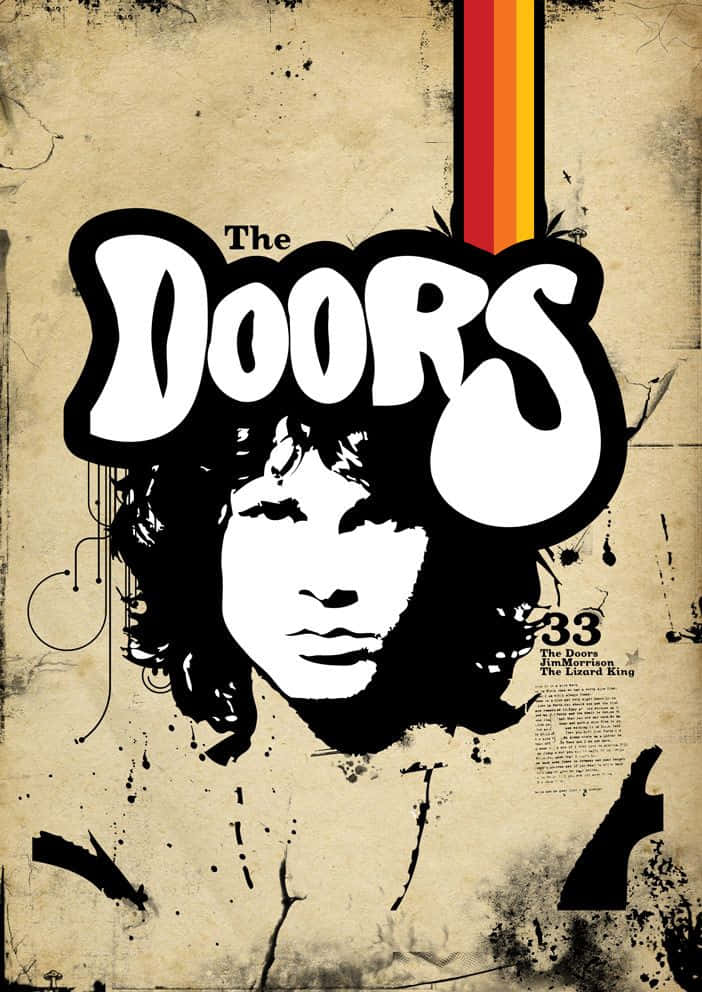  壁紙 — 大膽的黑白圖像，呈現吉姆·莫里森的頭像在『The Doors』標誌下方，並有一條垂直彩虹條紋在陳舊的紋理紙上。
