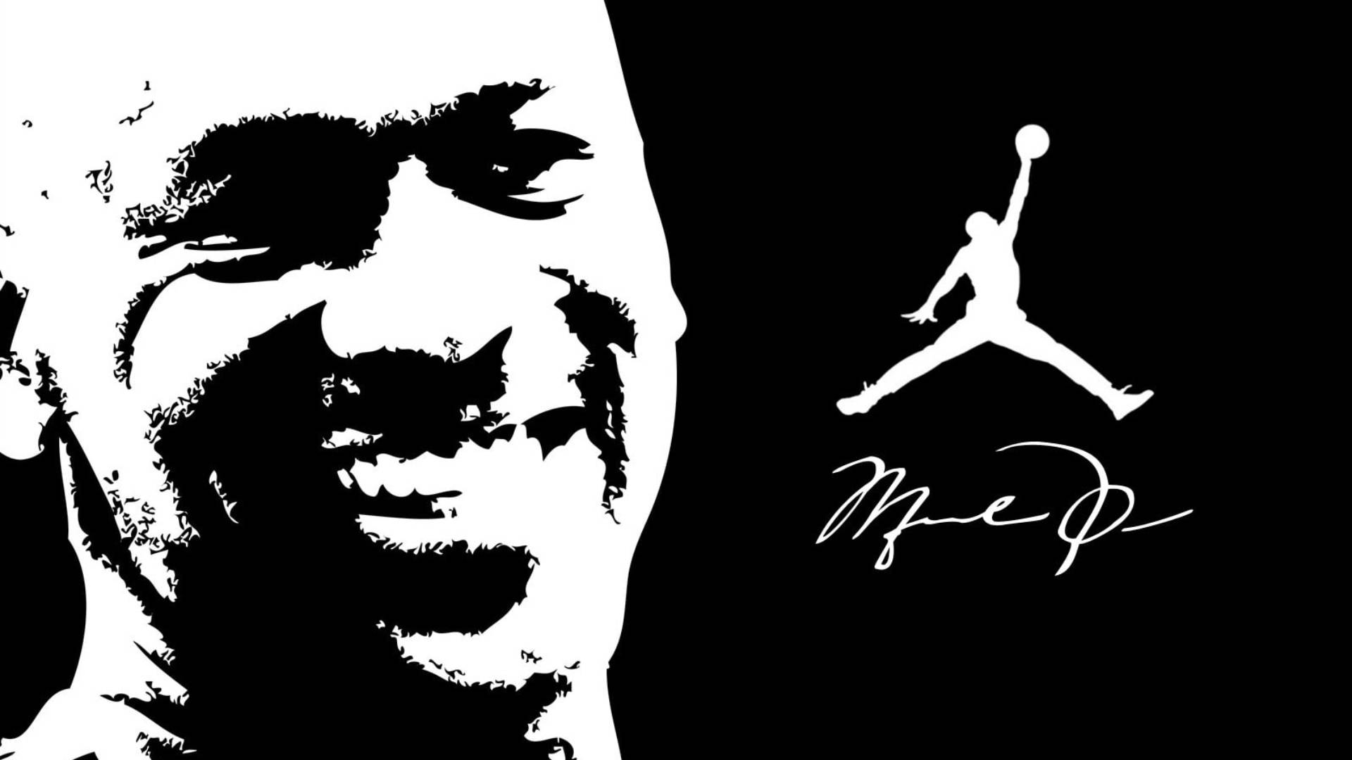 麥可喬丹的臉部和Jumpman標誌，以黑白圖形設計。 — Jordan Logo 壁紙