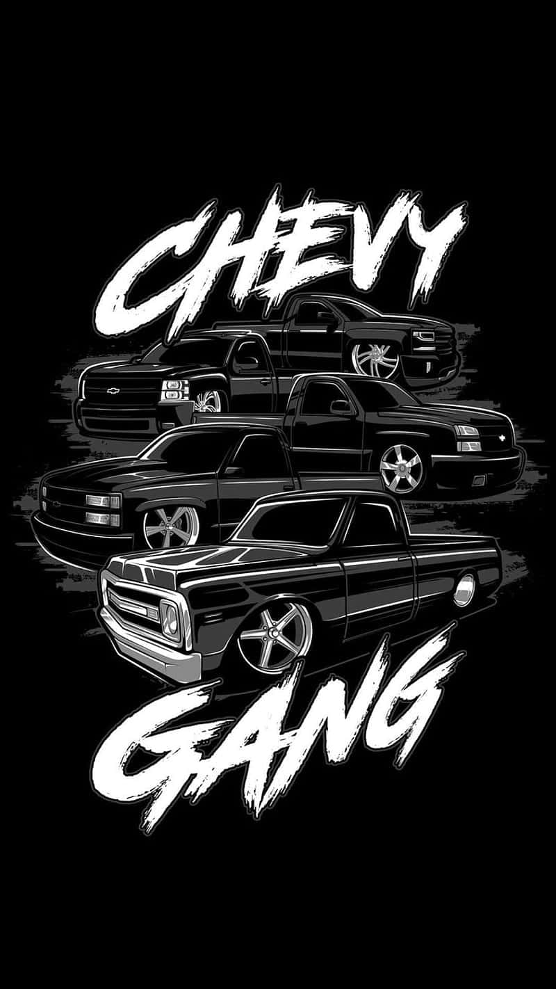  壁紙 — 四輛Chevy貨車垂直堆疊，下方有'CHEVY GANG'塗鴉風格文字的大膽黑白插圖。
