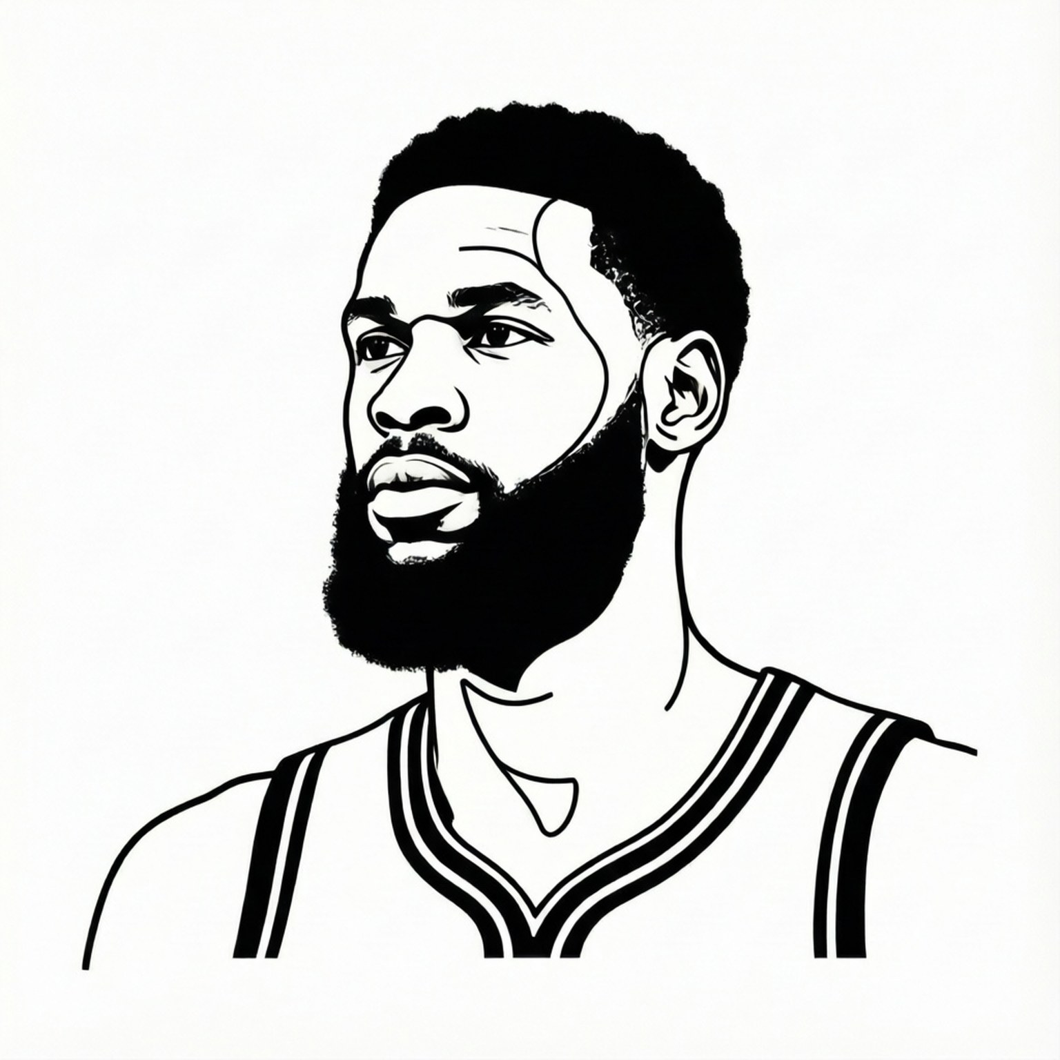 kawhi leonard 桌布 壁紙 — 大膽的黑白線條藝術肖像，描繪一位留鬍鬚的籃球運動員穿著球衣向前看。