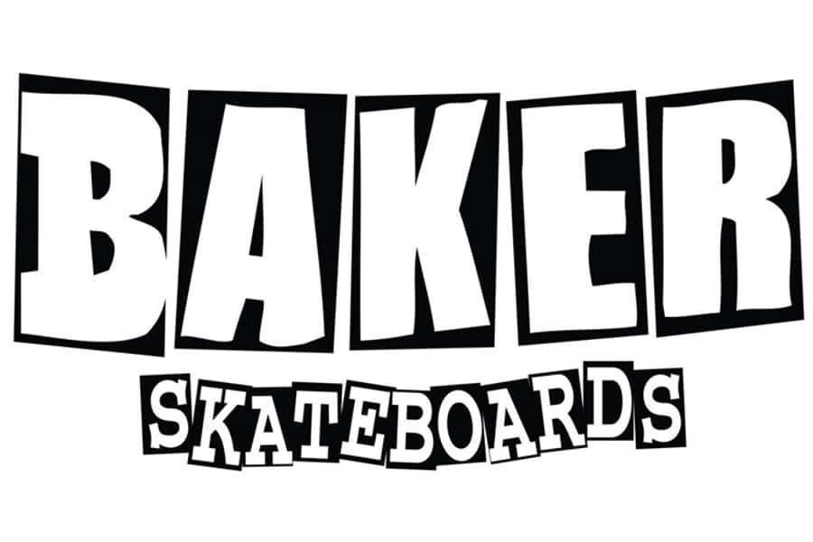 桌布 壁紙 — Baker Skateboards 的大膽黑白標誌，採用粗體方塊字和動態傾斜佈局。