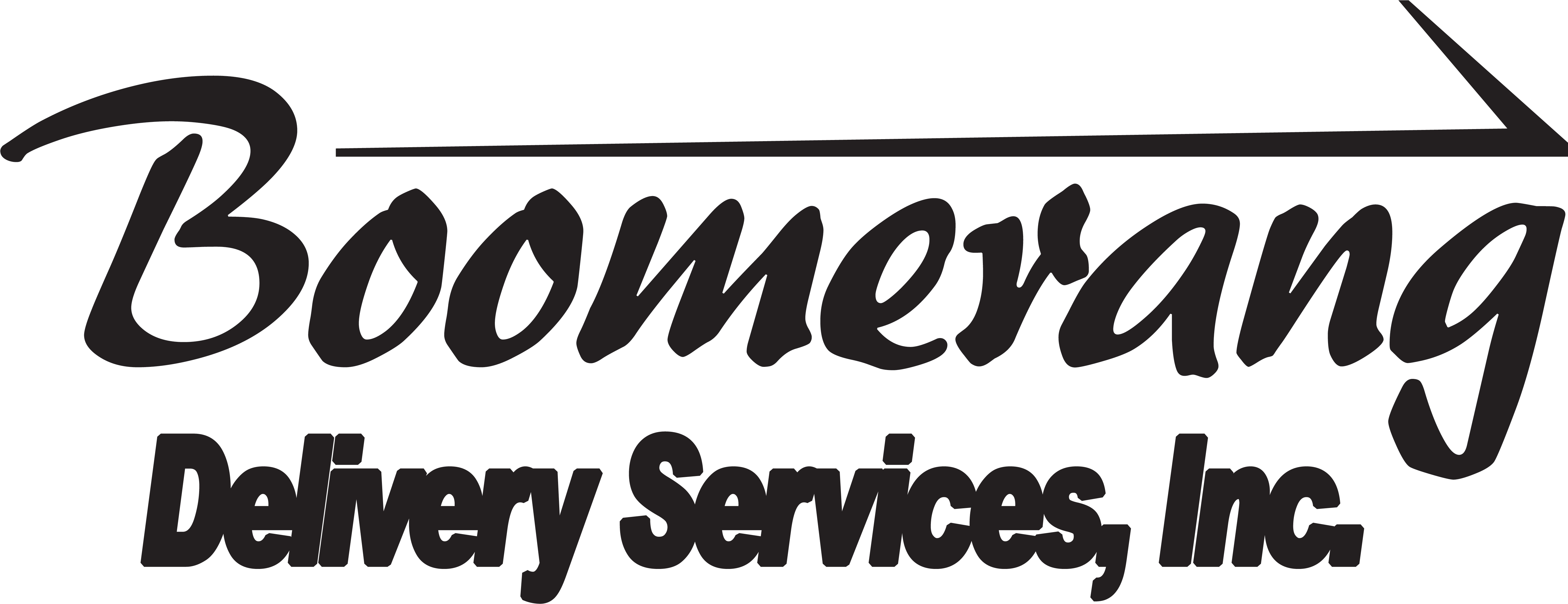 回力 桌布 壁紙 — Boomerang Delivery Services Inc 的大膽黑白標誌，帶有風格化的草書文字和對角線底線。