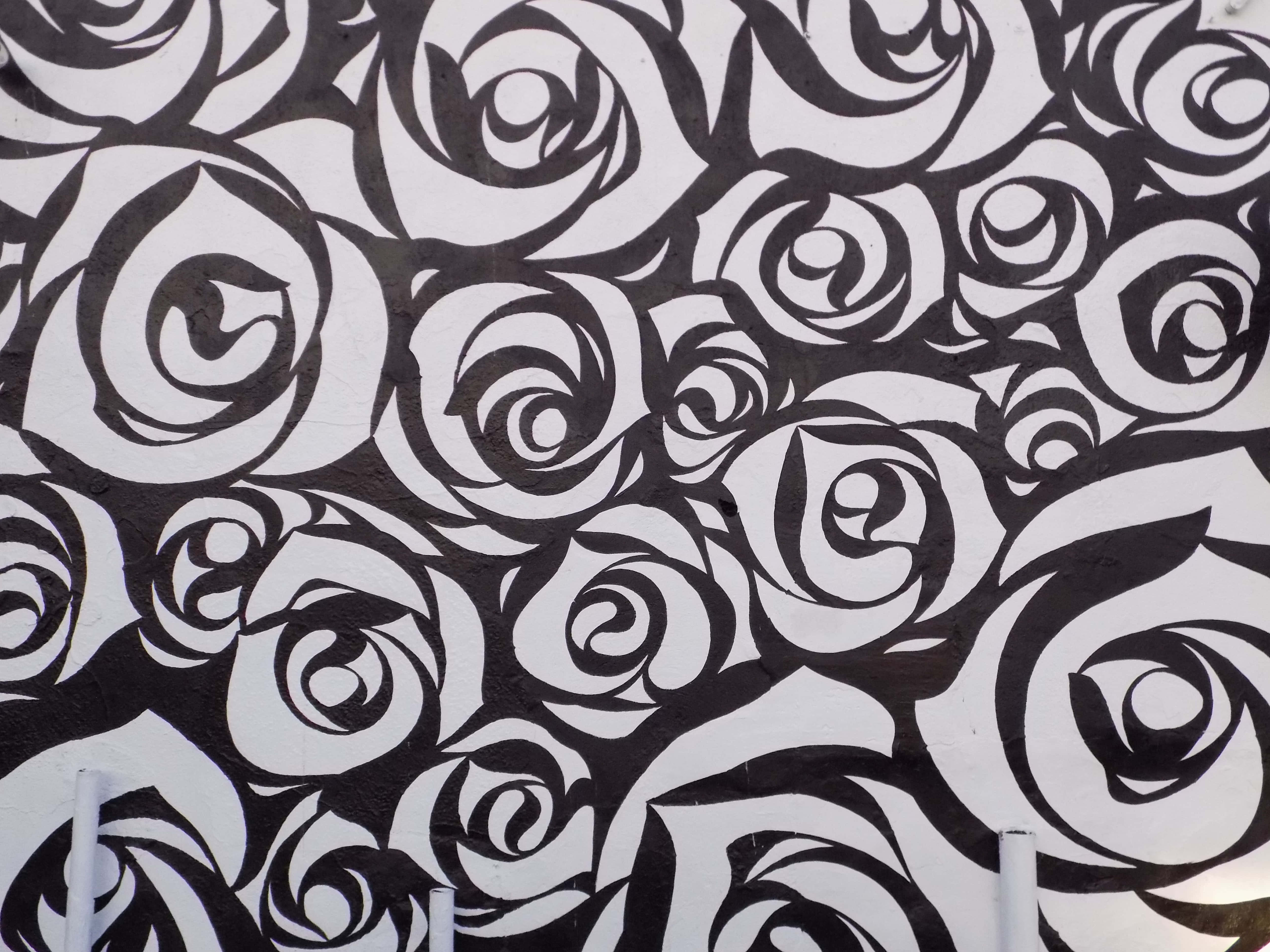 Black And White Pattern 桌布 壁紙 — 一幅大膽的黑白風格化玫瑰壁畫，以重複圖案覆蓋在紋理牆上。