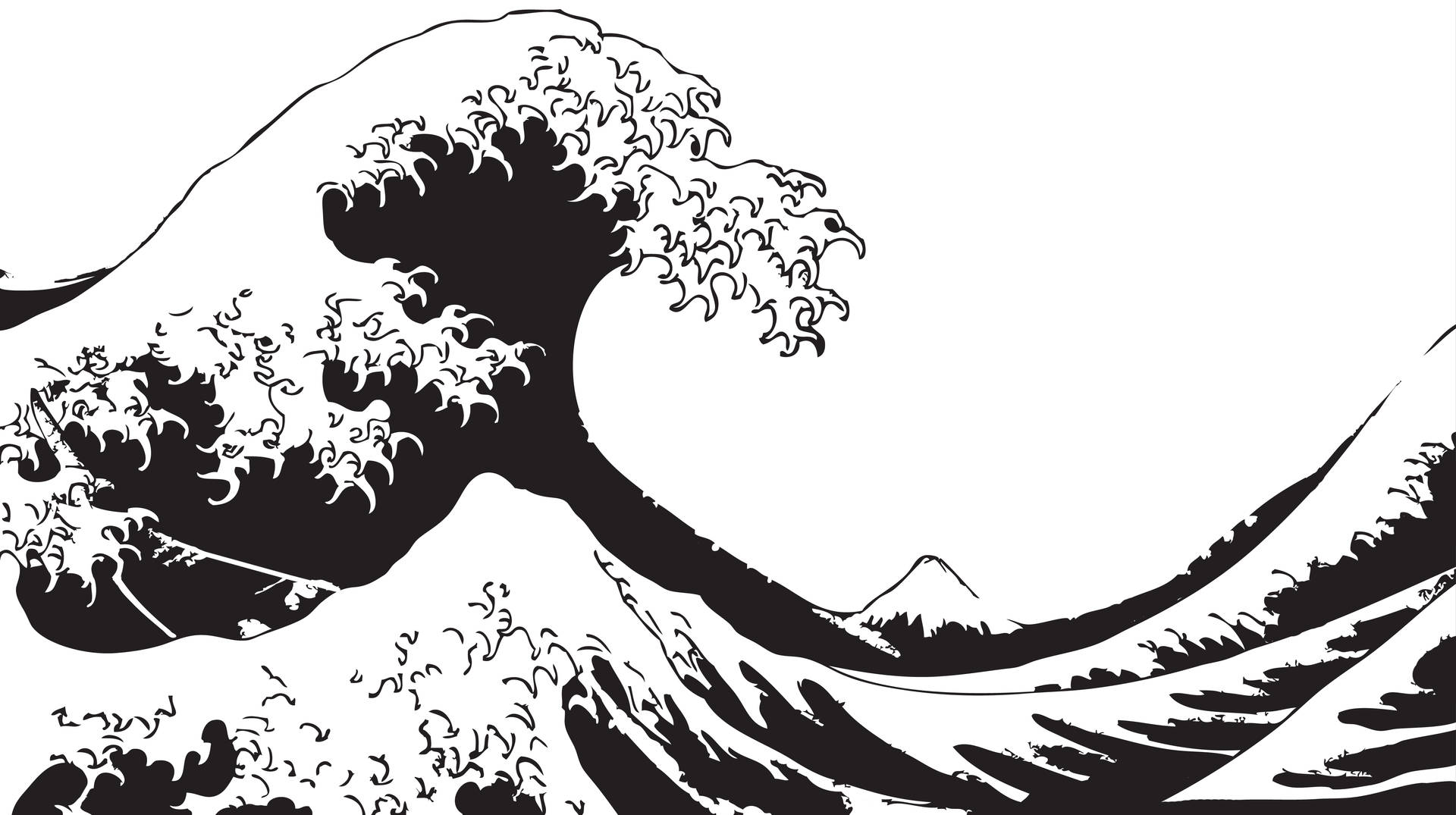 一幅風格化的黑白海浪插圖，遠方有山巒。 — 日式海浪 壁紙