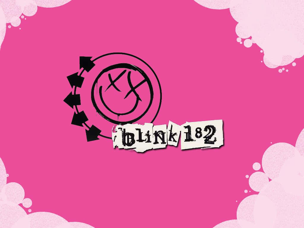  壁紙 — 大膽的黑色 Blink 182 標誌，帶有箭頭和撕裂紙張文字，背景為充滿活力的粉紅色，並帶有白色氣泡點綴。