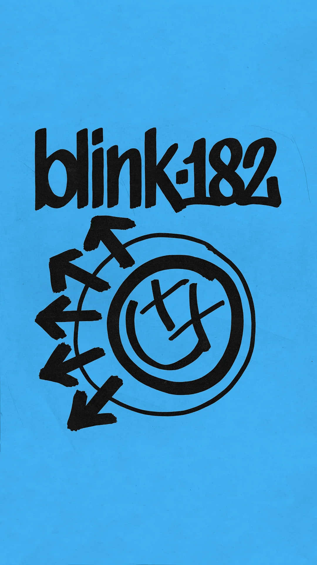  壁紙 — 大膽黑色 blink182 標誌，箭頭環繞一個被劃掉的微笑表情，背景為鮮豔藍色。
