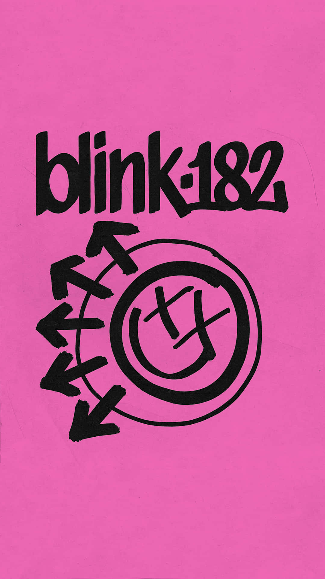  壁紙 — 大膽黑色 blink182 標誌，箭頭環繞一個被劃掉的微笑圖案，背景為鮮豔粉紅色。