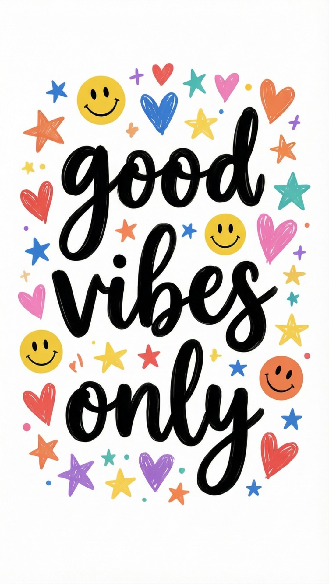 Good Vibes Doodles 壁紙 — 粗體黑色草書文字寫著 good vibes only，周圍環繞著彩色心形、星星和笑臉，背景為白色。