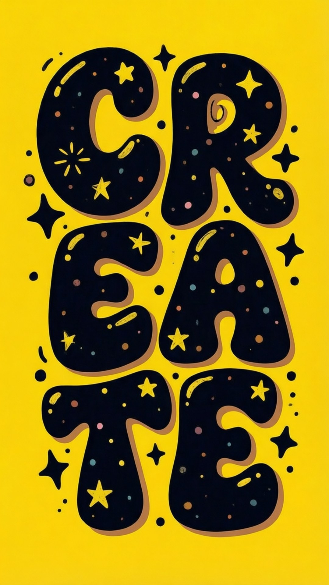 桌布 壁紙 — 粗體黑色字母拼出CREATE，字母內充滿星星和圓點，背景為鮮黃色。
