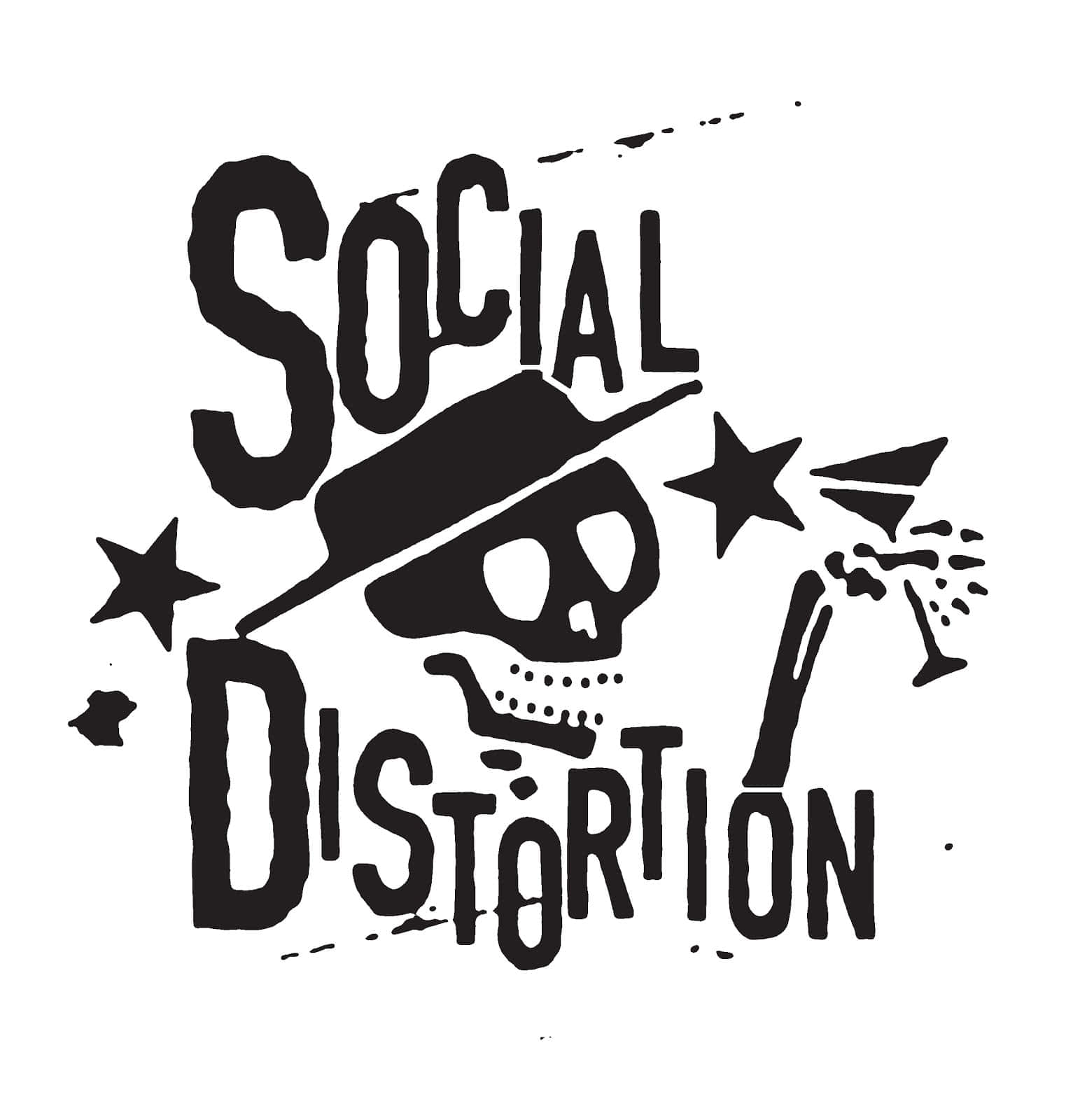 骷髏頭動圖 桌布 壁紙 — Social Distortion 的大膽黑色標誌，帶有骷髏頭、吉他、星星和潑濺效果，背景為白色。