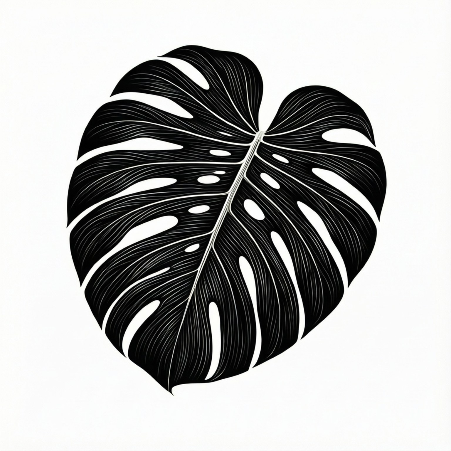 Monstera Line Art 壁紙 — 一片大膽的黑色龜背竹葉，帶有複雜的葉脈圖案，在純白色背景上脫穎而出。