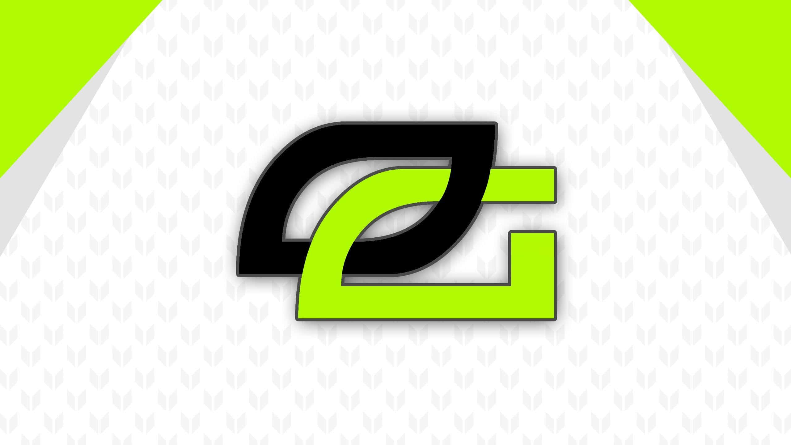 Optic Gaming 桌布 壁紙 — 一個大膽的黑色和螢光綠色風格標誌，居中於白色背景上，帶有微妙的葉子圖案和萊姆綠色對角線點綴。