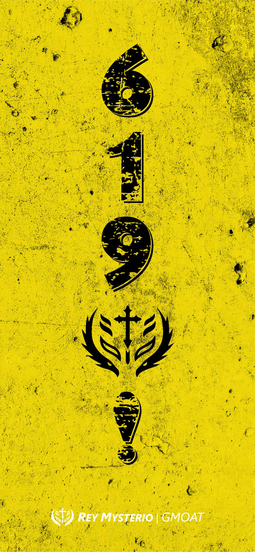  壁紙 — 粗體黑色數字619及符號，置於粗糙黃色紋理背景上。