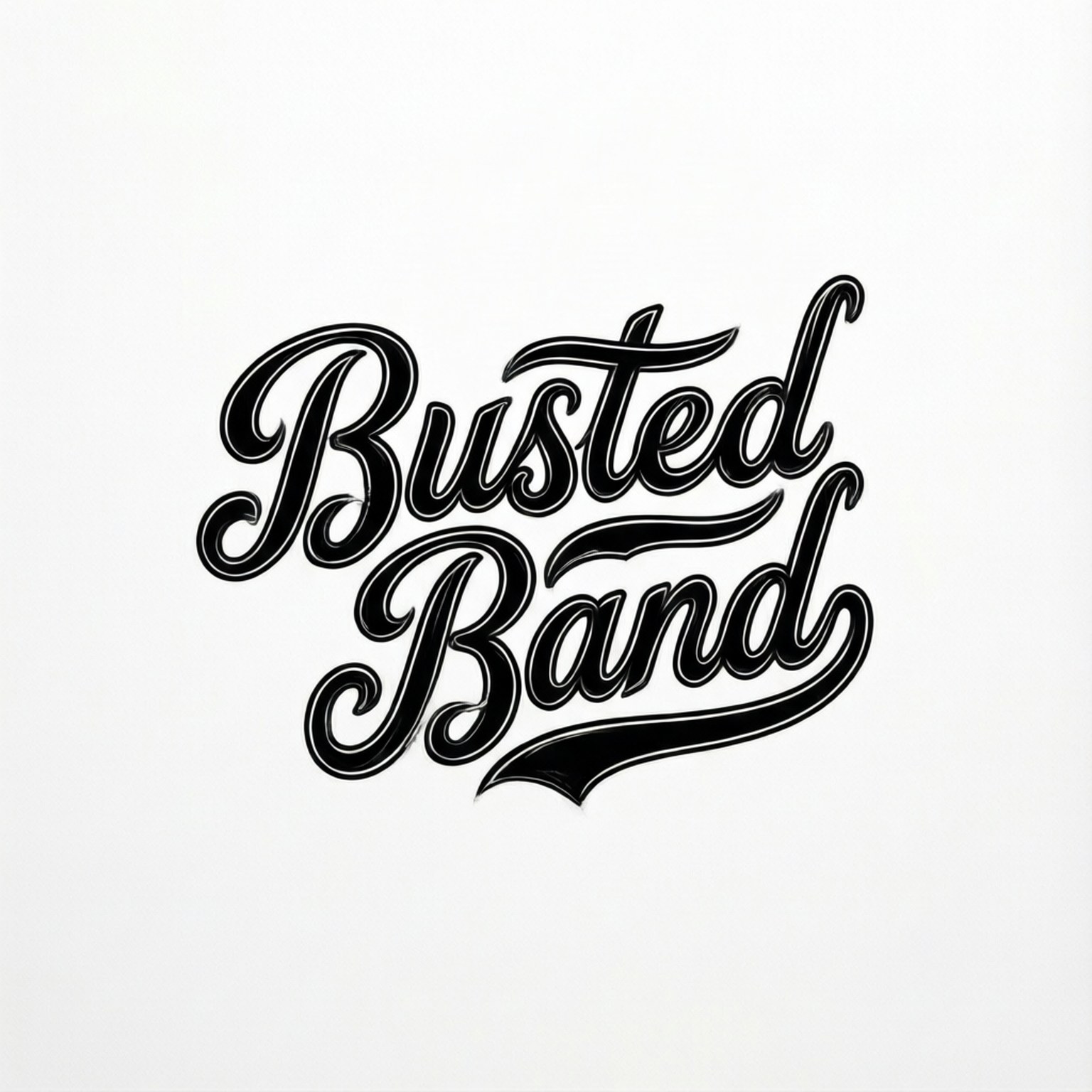 Busted Line Art Logo 壁紙 — 粗體黑色手寫字體在純白背景上拼出「Busted Band」，帶有粗輪廓和動態曲線。