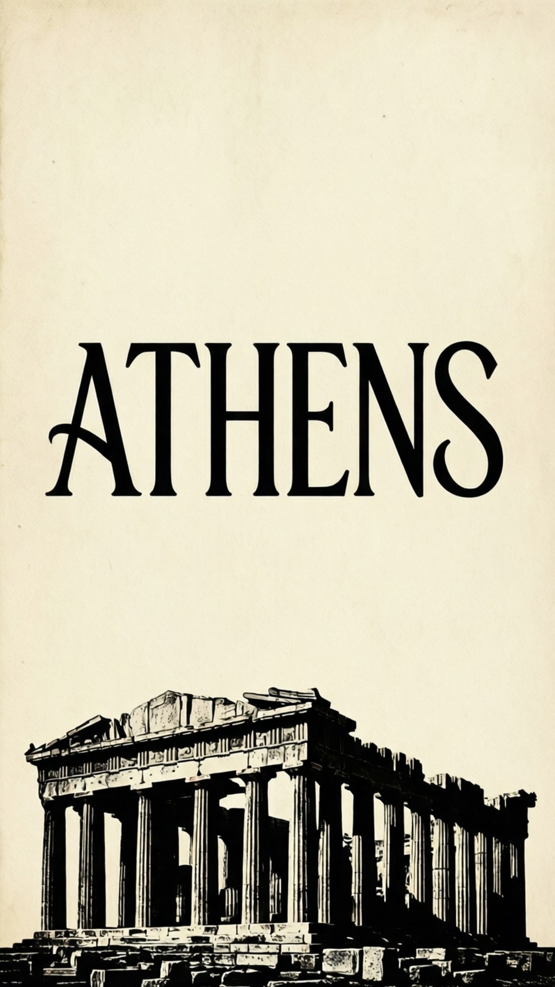 Athens Typography 壁紙 — 粗體黑色襯線字體 ATHENS 文字主導著帕德嫩神廟標誌性柱子和楣樑的鮮明黑白插圖。